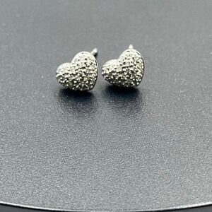 Disney Signed 14K White Gold Micro Pave Diamond Puff Heart Stud Earrings